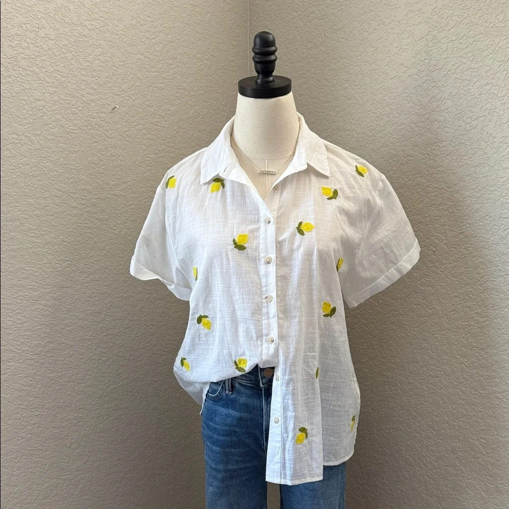 Anthropologie Maeve Linen Fruit Surf Short Sleeve Buttondown - Picture 2 of 7